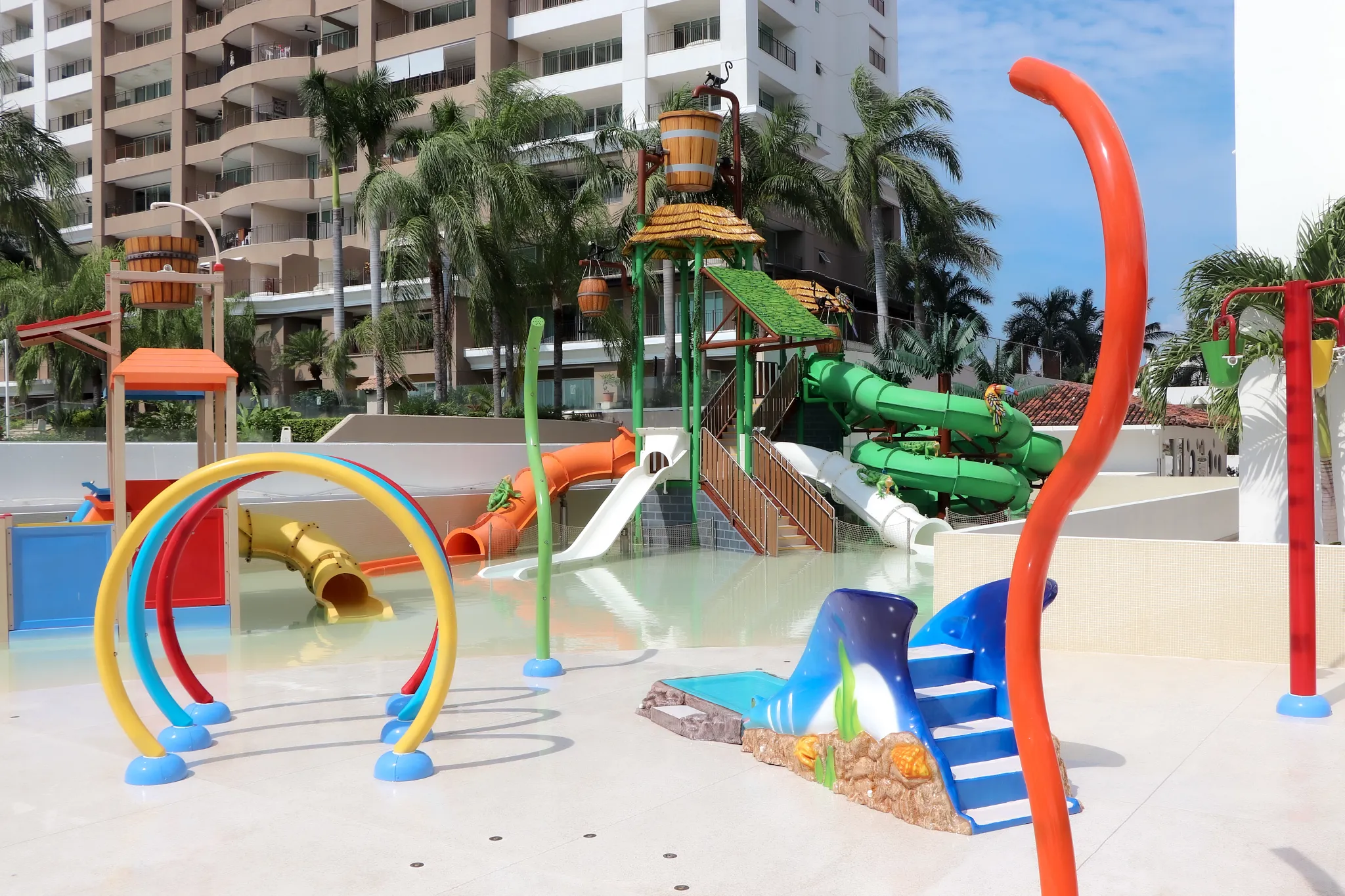 Sunny’s Splash Park at Sunscape Puerto Vallarta Resort & Spa featuring colorful water slides and splash features for kids.